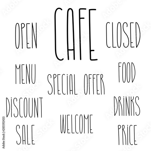 Shop cafe words text set for decoration design template