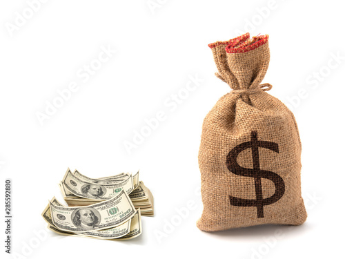 Money bag with dollars isolated on a white background.
