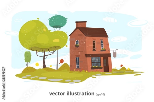 Fototapeta Naklejka Na Ścianę i Meble -  Stone Village or Brick Farm House Illustration