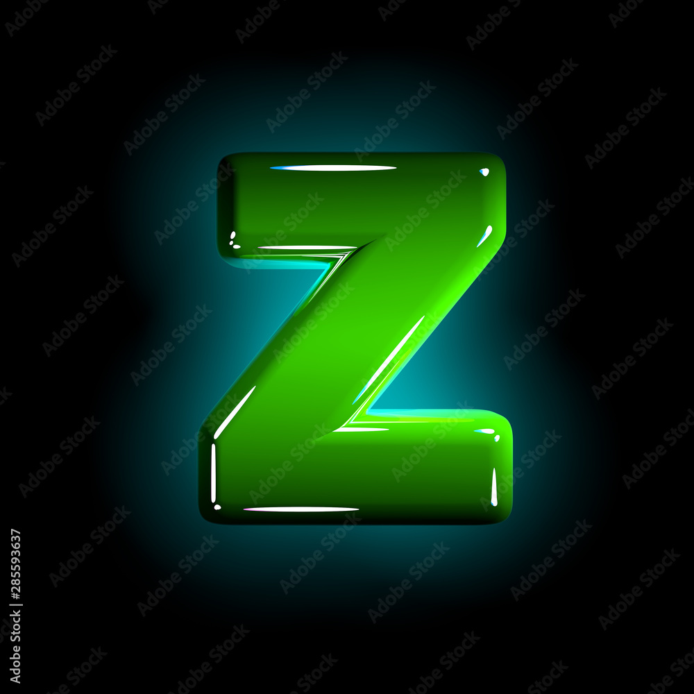 Green letter Z of glossy plastic font of white and yellow colors isolated on black color - 3D illustration of symbols Green letter Z of glossy plastic font of white and yellow colors isolated on black color - 3D illustration of symbols
