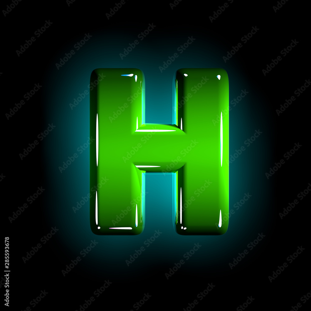 Obraz premium Green letter H of shine plastic alphabet of white and yellow colors isolated on black color - 3D illustration of symbols