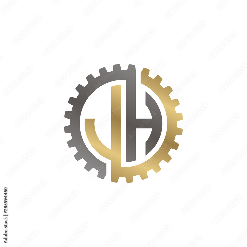 Initial letter J and H, JH, interlock cogwheel gear logo, black gold on white background Initial letter J and H, JH, interlock cogwheel gear logo, black gold on white background