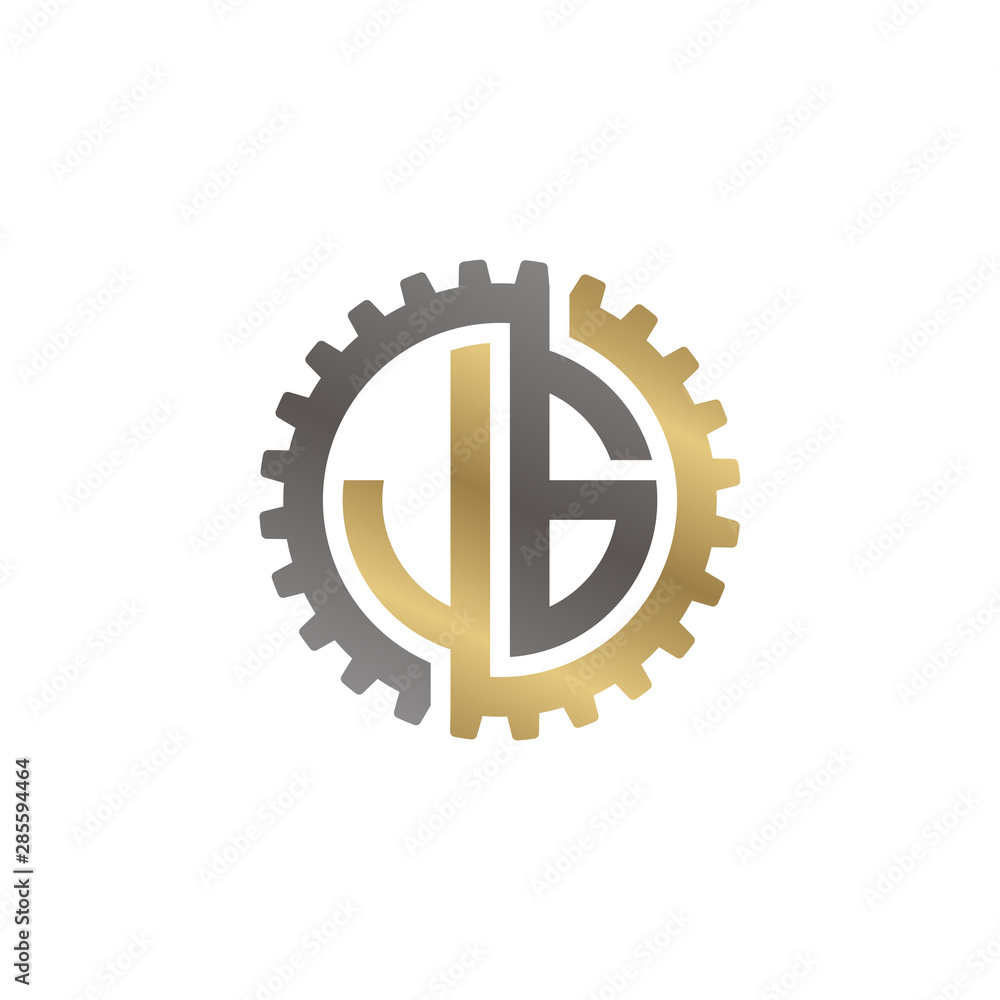 Initial letter J and G, JG, interlock cogwheel gear logo, black gold on white background Initial letter J and G, JG, interlock cogwheel gear logo, black gold on white background