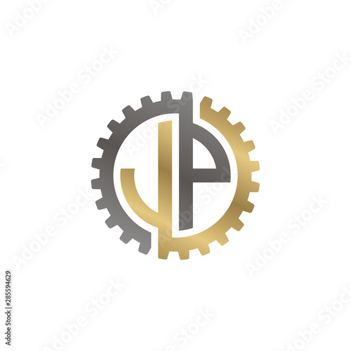 Initial letter J and P, JP, interlock cogwheel gear logo, black gold on white background