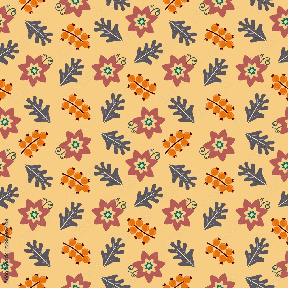 Seamless background with abstract flowers and patterns. Autumn background. It can be used for decoration of textile, paper and other surfaces. Seamless background with abstract flowers and patterns. Autumn background. It can be used for decoration of textile, paper and other surfaces.
