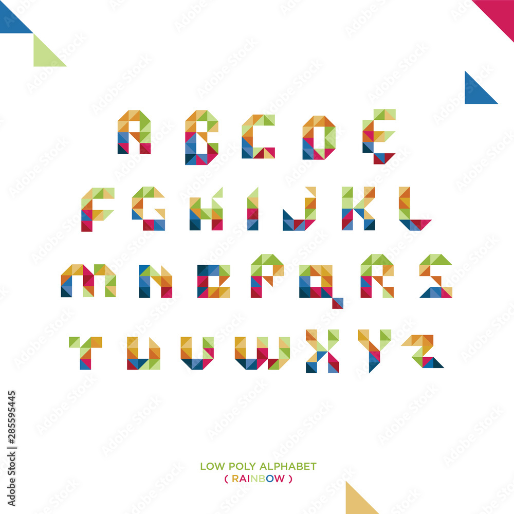 Rainbow vibrant low poly style alphabet vector set illustration