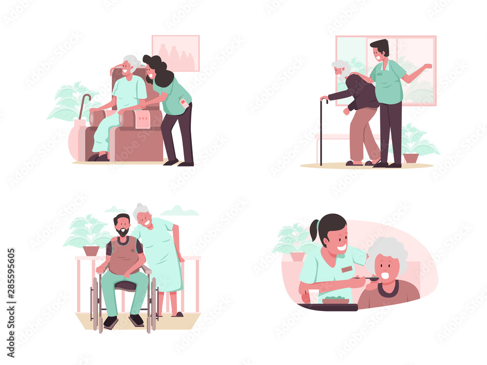 Happy Elderly Couple, Senior Health Checkup, Elder with Caregiver or Nurse Illustration Concept. Modern design concept.Vector illustration EPS 10