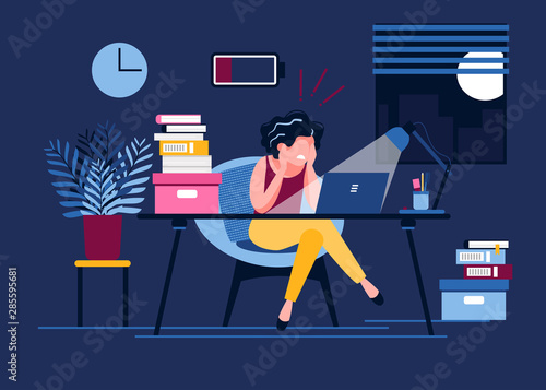 An exhausted woman works in the office until late with a discharged battery. Female office worker stayed at work until night. Stress, depression at work. Vector illustration. Workplace burnout concept