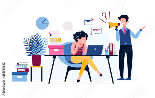 Angry boss yells into a megaphone at his unhappy employee. He is dissatisfied with the work of the employee. Stress, problems and depression at work. Vector illustration. Workplace burnout concept.