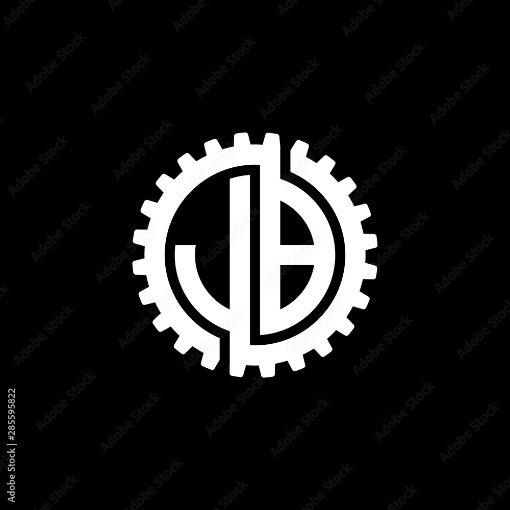 Initial letter J and B, JB, interlock cogwheel gear monogram logo, white color on black background Initial letter J and B, JB, interlock cogwheel gear monogram logo, white color on black background