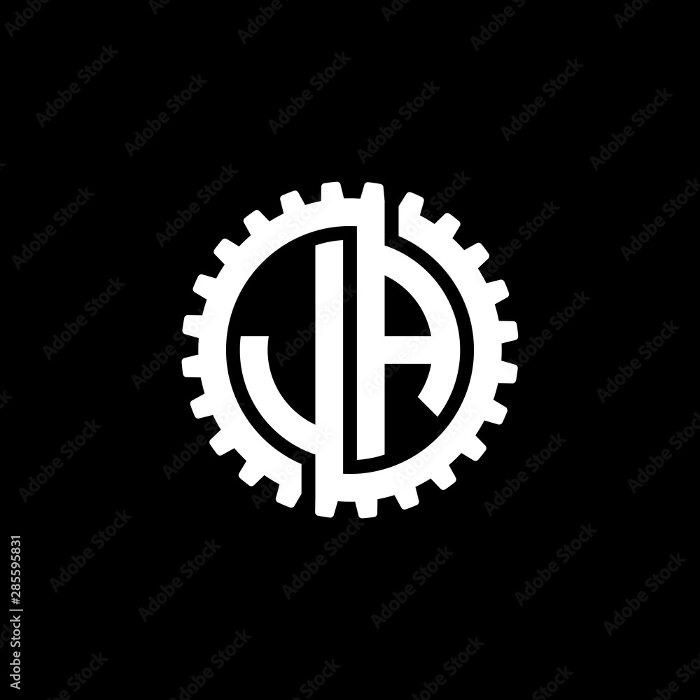 Initial letter J and A, JA, interlock cogwheel gear monogram logo, white color on black background Initial letter J and A, JA, interlock cogwheel gear monogram logo, white color on black background