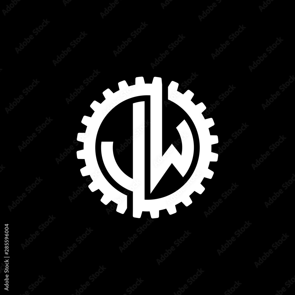Initial letter J and W, JW, interlock cogwheel gear monogram logo, white color on black background Initial letter J and W, JW, interlock cogwheel gear monogram logo, white color on black background