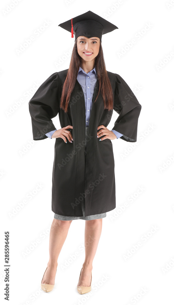 Female student in graduation cap and gown on white background Female student in graduation cap and gown on white background