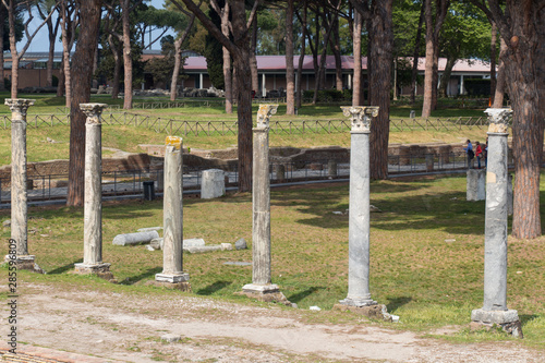 Columns on Piazzale delle Corporazioni in The Ancient Roman Port of Ostia Antica, Province of Rome, Lazio, Italy.