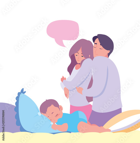mom and dad taking care baby in bed