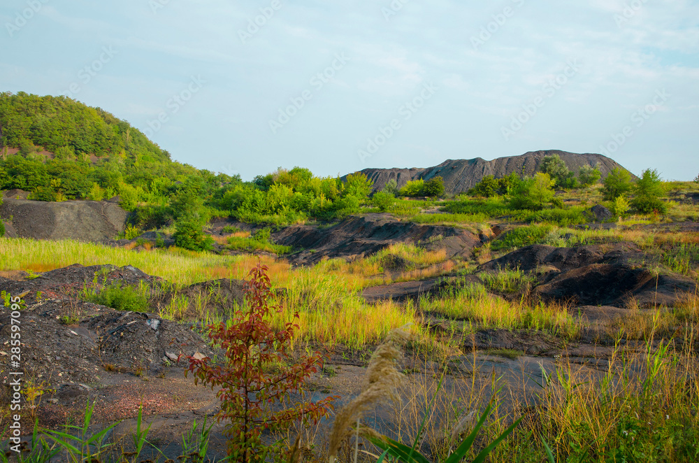 The industrial landscape consists of heaps and scattered rock masses. The industrial landscape consists of heaps and scattered rock masses.