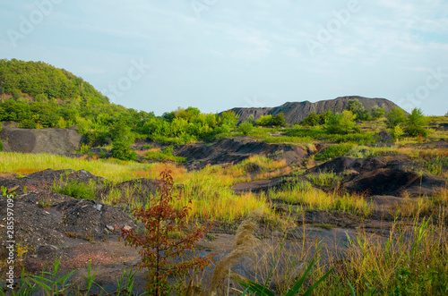  The industrial landscape consists of heaps and scattered rock masses.