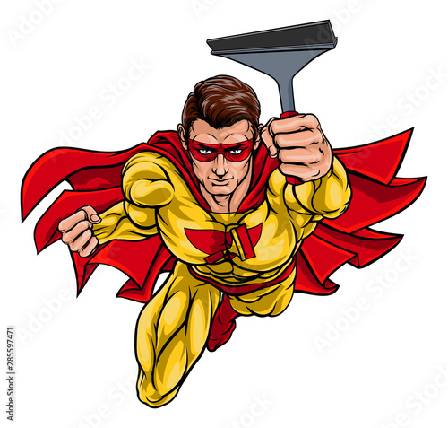 A super window cleaner hero or car wash man superhero holding squeegee