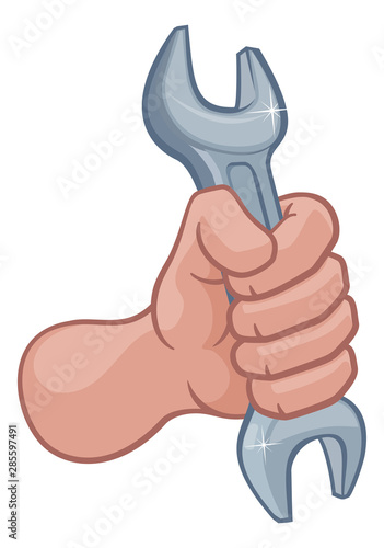 A plumber or mechanic cartoon hand in a fist holding a wrench or spanner