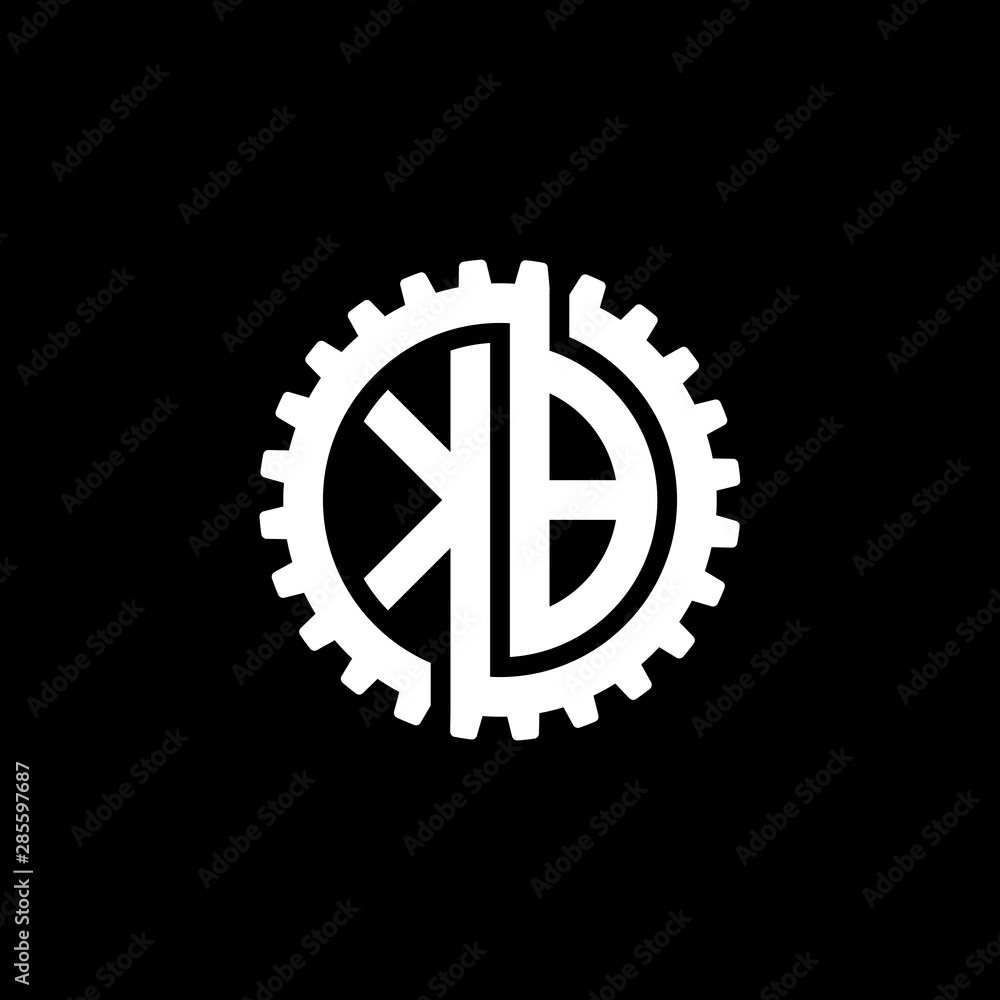 Initial letter K and B, KB, interlock cogwheel gear monogram logo, white color on black background Initial letter K and B, KB, interlock cogwheel gear monogram logo, white color on black background