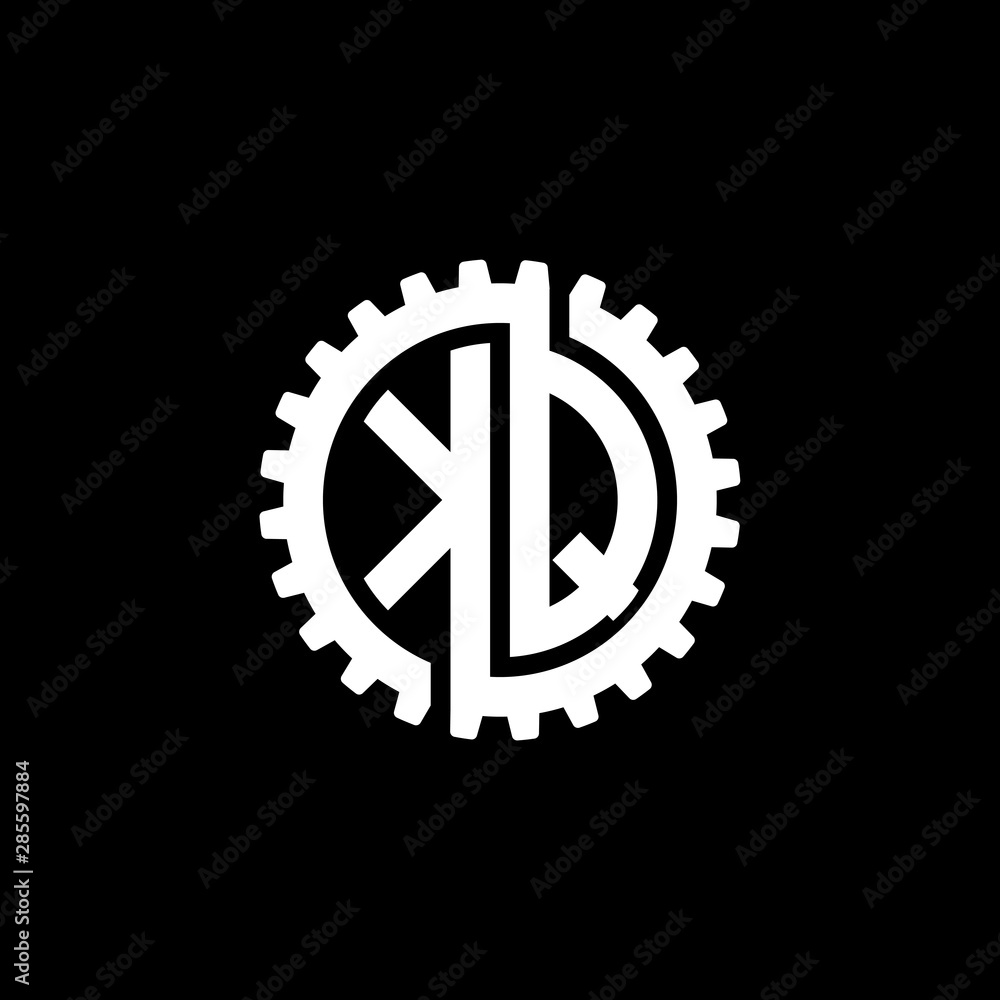 Initial letter K and Q, KQ, interlock cogwheel gear monogram logo, white color on black background Initial letter K and Q, KQ, interlock cogwheel gear monogram logo, white color on black background