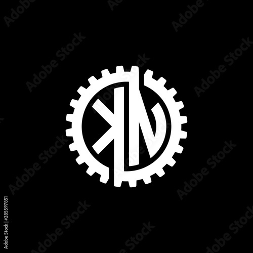 Initial letter K and N, KN, interlock cogwheel gear monogram logo, white color on black background