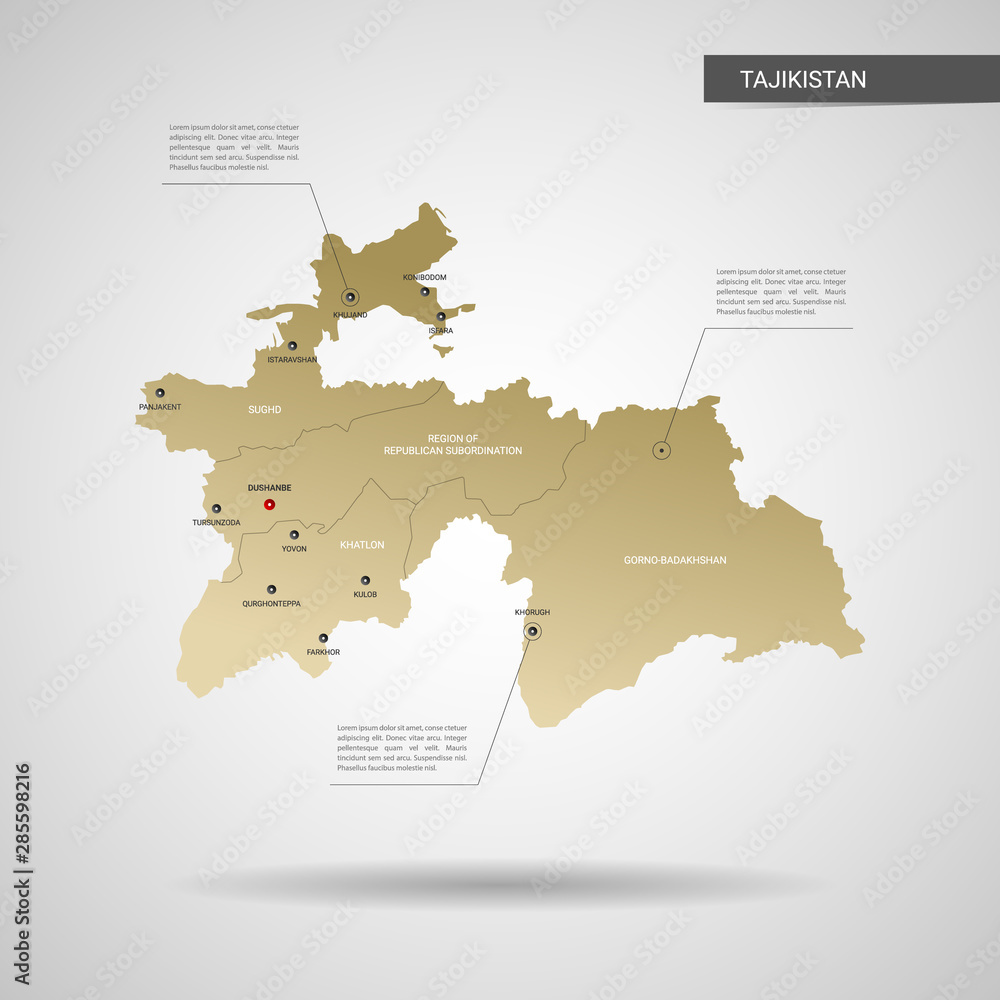 Stylized vector Tajikistan map.  Infographic 3d gold map illustration with cities, borders, capital, administrative divisions and pointer marks, shadow; gradient background. 