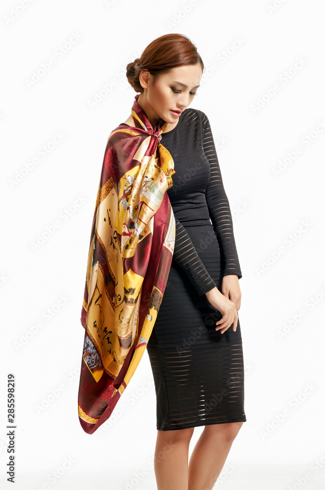 Chinese classical beauty draped in silk scarf shot portrait in white background Chinese classical beauty draped in silk scarf shot portrait in white background