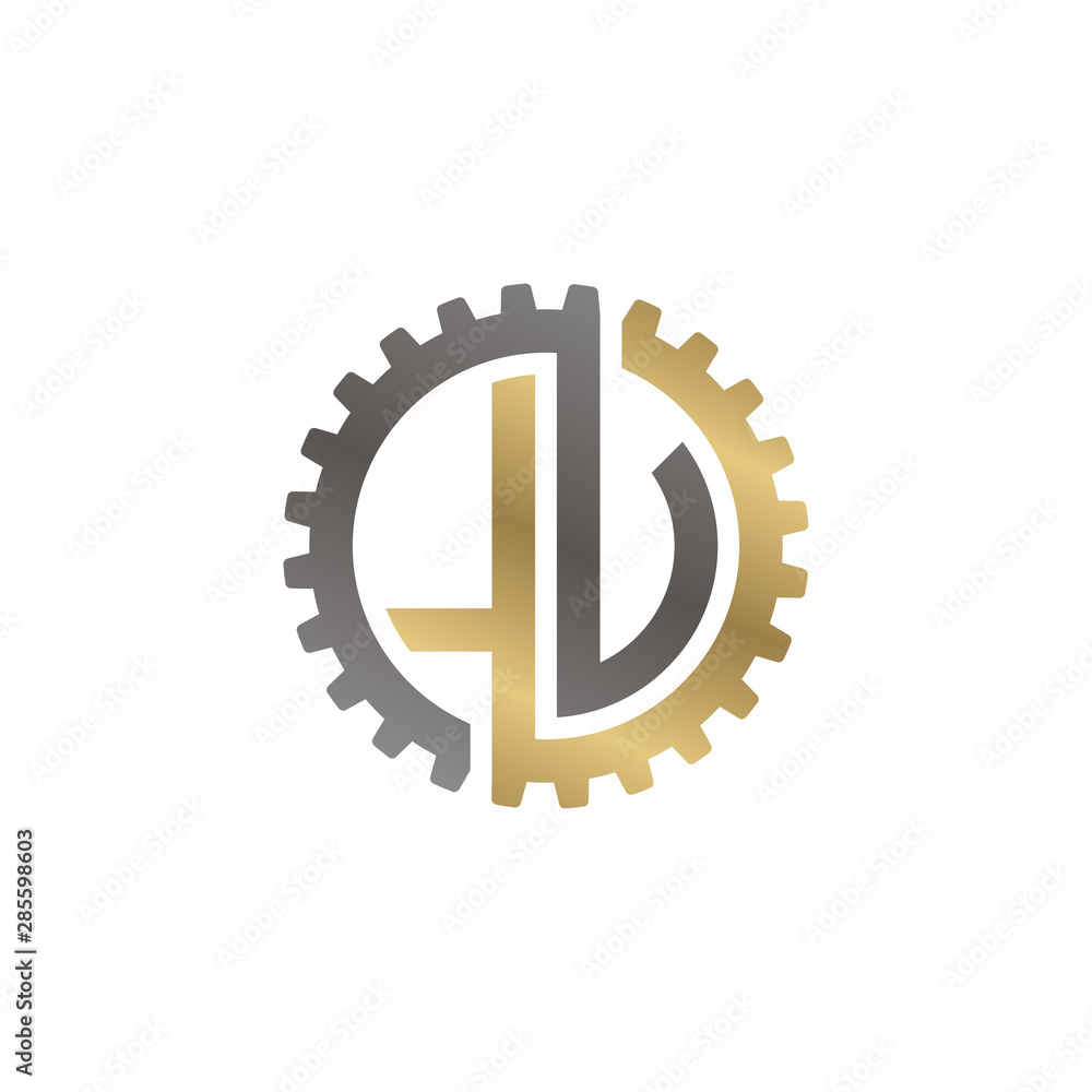Initial letter L and U, L and V, LU, , , interlock cogwheel gear logo, black gold on white background Initial letter L and U, L and V, LU, , , interlock cogwheel gear logo, black gold on white background