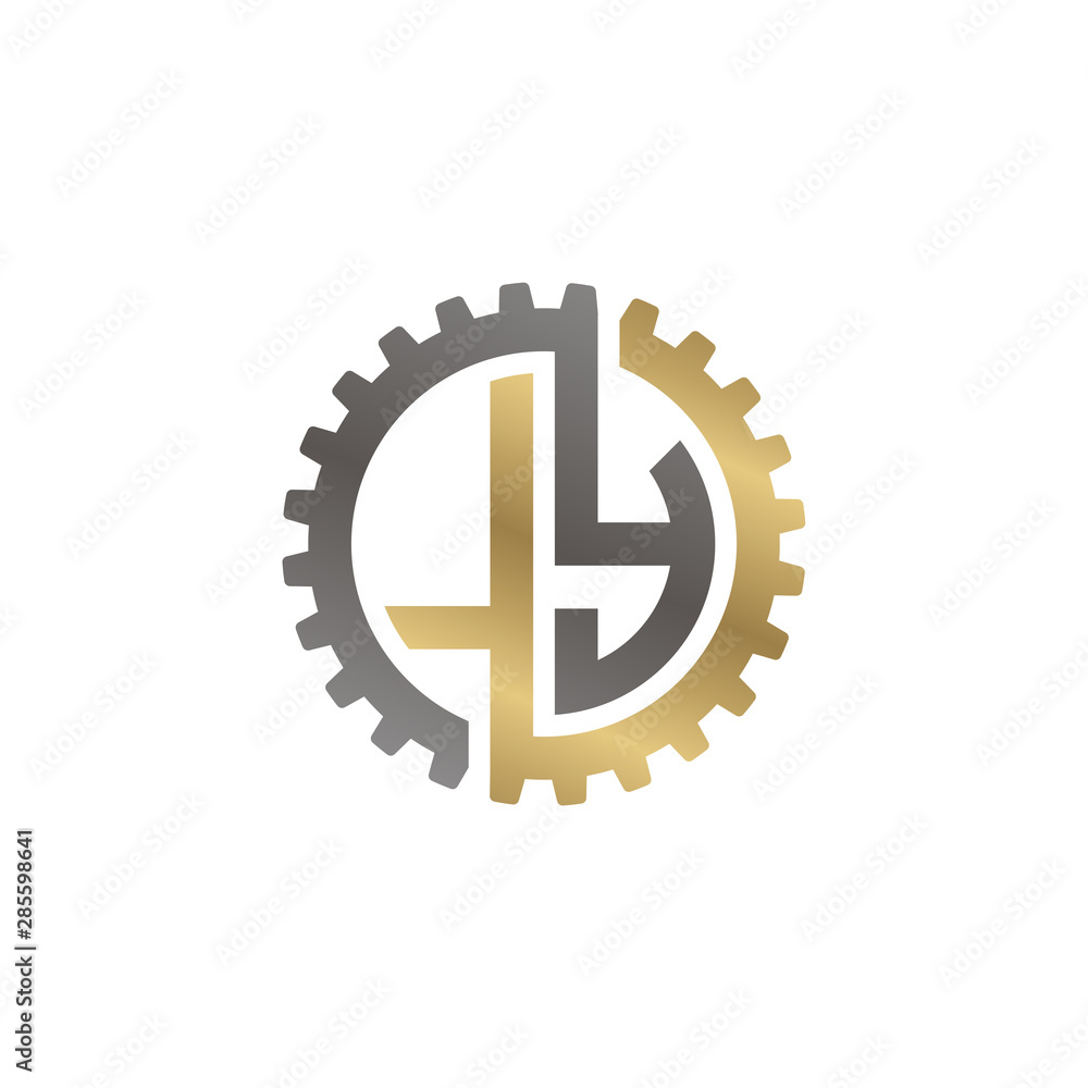 Initial letter L and Y, LY, interlock cogwheel gear logo, black gold on white background Initial letter L and Y, LY, interlock cogwheel gear logo, black gold on white background