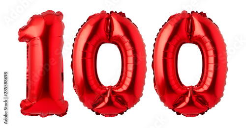 Number 100 of red balloons isolated on a white background photo