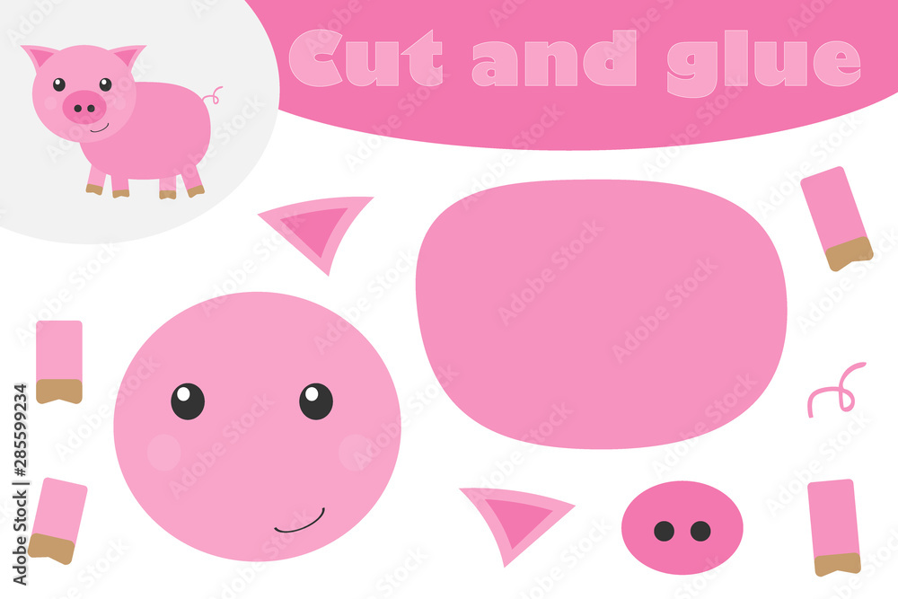 Pig in cartoon style, education game for the development of preschool children, use scissors and glue to create the applique, cut parts of the image and glue on the paper, vector illustration