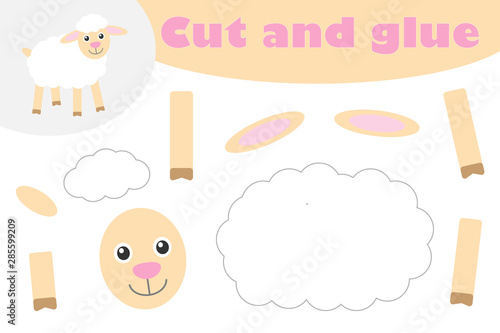 Sheep in cartoon style, education game for the development of preschool children, use scissors and glue to create the applique, cut parts of the image and glue on the paper, vector illustration