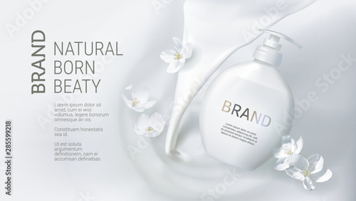 Cosmetic realistic vector white poster with cream or pouring milk and falling liquid jasmine soap pack. Skin care cosmetics, washing gel in white bottle on wavy liquid surface Mock-up promo banner
