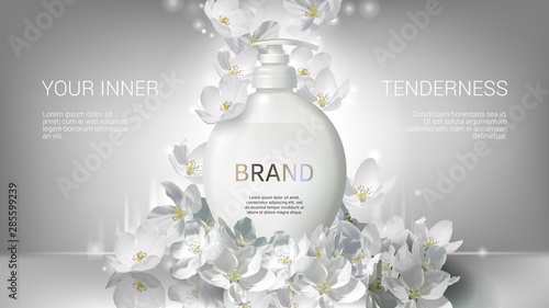 Cosmetic realistic white vector poster with liquid soap packaging and falling jasmine flowers. Skin care cosmetics body lotion, washing gel or cleancer in white bottle with pump. Mock-up promo banner