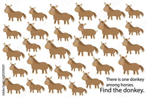 Find donkey among horses, education puzzle game for children, preschool worksheet activity for kids, task for the development of logical thinking and mind, vector illustration