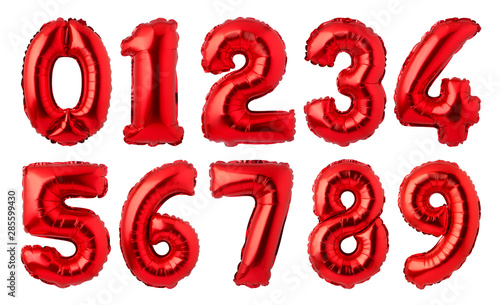 Red foil numbers balloons isolated on white background