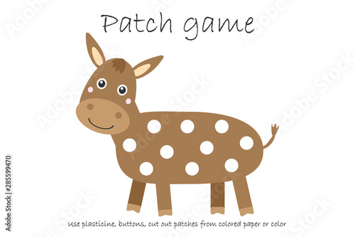 Education Patch game donkey for children to develop motor skills, use plasticine patches, buttons, colored paper or color the page, kids preschool activity, printable worksheet, vector illustration