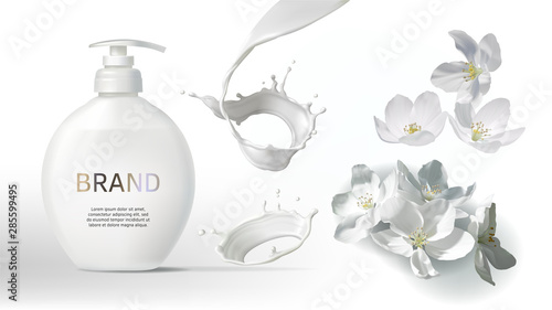 Cosmetic realistic vector background with cream or milk swirl, splash and jasmine flowers. Skin care cosmetics body lotion or liquid soap in white bottle with pump. Mock-up promo banner poster