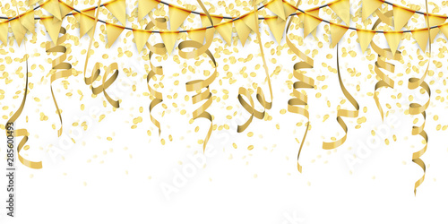 seamless golden colored confetti, streamers and garlands background