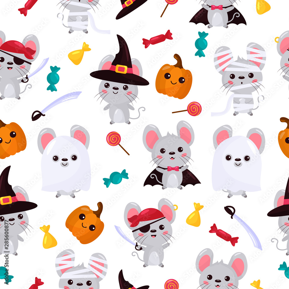 Halloween childish seamless pattern. Cute cartoon kawaii mouse dressed up in costumes: pirate, mummy, ghost, witch and vampire. Trick or treat.