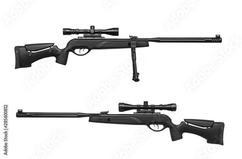 Air rifle with a telescopic sight isolate on a white background. Pneumatic gun. Sports air rifle for accurate aiming shooting.