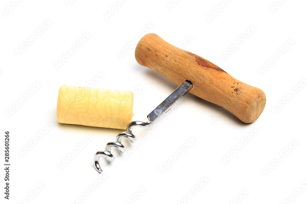 close up of bottle opener and cork of wine bottle on white background with clipping path - Image close up of bottle opener and cork of wine bottle on white background with clipping path - Image