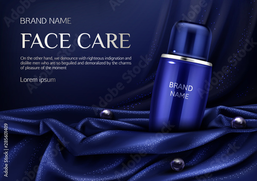 Cosmetics tube mockup banner, face care men beauty cosmetic product on dark blue silk folded textile background with pearls, bottle package advertising design. Realistic 3d vector illustration, poster