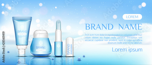Winter cosmetic chapstick, lip balm tubes and cream jar on ice surface with pearls on snow drift background, beauty cosmetics product bottles set mock up line. Realistic 3d vector illustration, banner