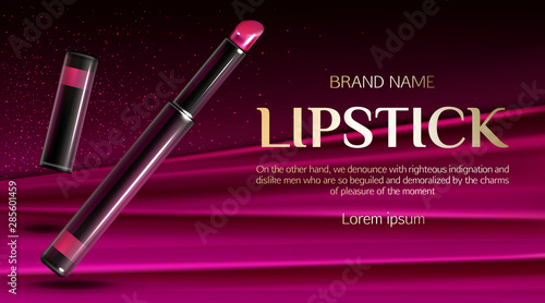 Lipstick cosmetics make up beauty product banner. Pink telescopic rouge pencil on silk draped fabric background. Luxury promo poster template for magazine advertising, realistic 3d vector illustration