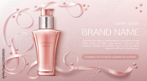 Cosmetics bottle mockup, natural beauty cosmetic product for face care on pink background with silk ribbon, bb cream or foundation pump tube package design. Realistic 3d vector illustration, banner