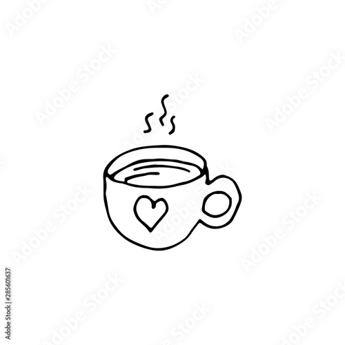 The single cup with tea. New Year and Christmas hand-drawn cup with heart. Doodle Xmas illustration for winter posters  stickers  cards design. Isolate  EPS8 vector