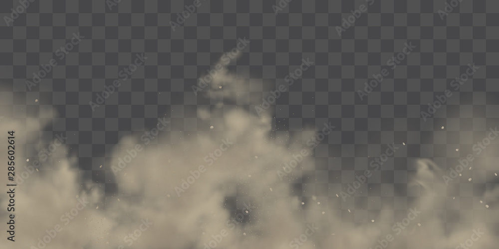 Plakat Chmura pyłu drogowego z cząstek brudu lub gleby, brązowy kolor proszku rozchlapać zamrożone ruchu 3d realistyczne wektor ilustracja na przezroczystym tle. Smog miejski, brudna tekstura dymu. Zanieczyszczenie powietrza