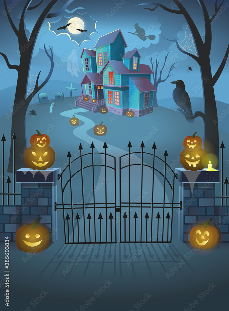 Haunted House with gate, pumpkins, a witch on a broomstick, spiders, a crow and a ghost. Cartoon style vector illustration. Stock Vector | Adobe Stock Haunted House with gate, pumpkins, a witch on a broomstick, spiders, a crow and a ghost. Cartoon style vector illustration. Stock Vector | Adobe Stock